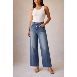 Veronica Beard Taylor Wide Leg Raw Hem Denim Jeans Button Front High Rise Sz 31